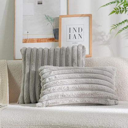 DEELAND Pack of 2,Double-Sided Faux Fur Plush Decorative Throw Pillow Covers Fuzzy Striped Soft Pillowcase Cushion Covers for Sofa Couch Bedroom Lightgrey 18x18 inch