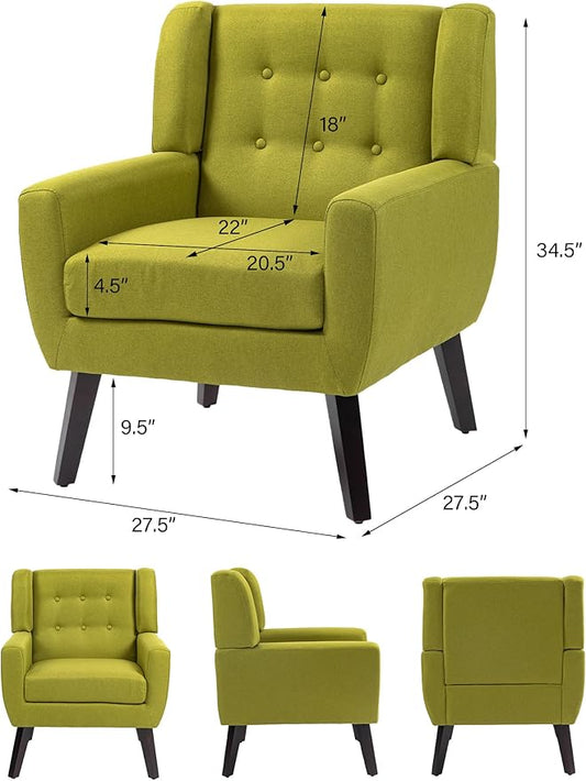 Accent Chair, Mid-Century Modern Fabric Chairs with Arms for Living Room, Comfy Upholstered Club Single Sofa Armchair for Bedroom Waiting Room with Solid Wood Frame (Fabric Green, Set of 1)
