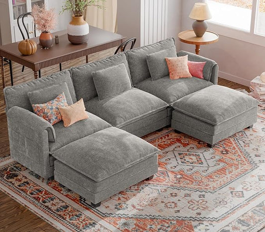 ELUCHANG Oversized 116" Modular Sectional Sofa, Comfy Cloud Couch, U Shaped Deep Seat Sofa Couches for Living Room, 5-Seater Modern Sofa with Movable Ottoman, DIY Combination - Chenille Light Grey