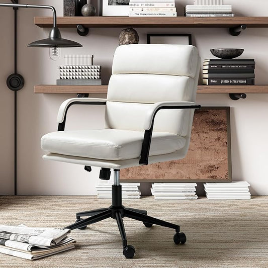 HULALA HOME Modern Faux Leather Home Office Chair with Tilt Lock & Metal Base, Desk Chair with Wheels & Padded Cushion, 360° Swivel Wide Seat Computer Task Chair, White