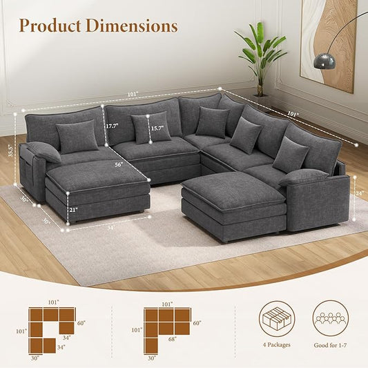 Vesgantti 108" V-Shaped Corner Couch Sectional, 7 Seat Customizable Modular Cloud Couches with Movable Ottoman, Chenille Deep Seat Sofa Set with Chaise for Living Room, Bedroom and Apartment, Gray