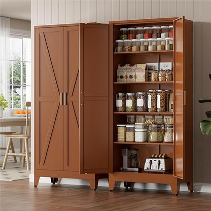 71" Tall Metal Storage Cabinet with 2 Doors and 4 Adjustable Shelves, 5-Tier Kitchen Pantry Storage Cabinet for Kitchen, Living Room, Dining Room and Office, Brown
