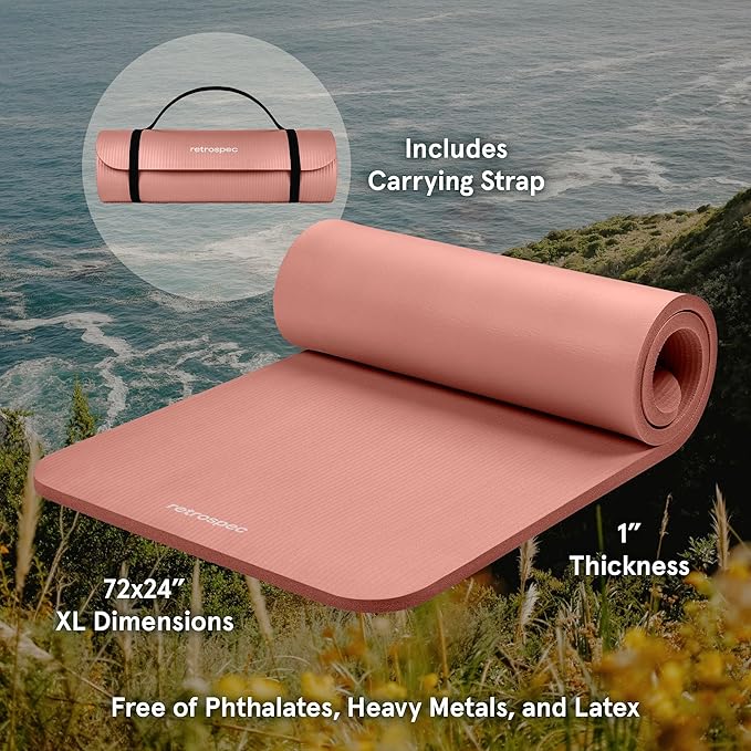 Retrospec Solana Yoga Mat 1" Thick With Nylon Strap For Men & Women - Non Slip Exercise Mat For Home Yoga, Pilates, Stretching, Floor & Fitness Workouts