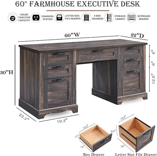 RedLemon 60" Farmhouse Executive Desk, Home Office Desk with Drawers, Charging Station, Keyboard Tray, File Drawer, Storage Cabinet, Wood Rustic Computer Writing Desk (Dark Rustic Oak)