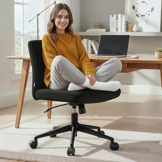 NYPOT Armless Desk Chair with Wheels for Criss Cross Sitting - Cross Legged Wide Armless Chair - Adjustable Vanity 360° Swivel Stool and 120° Rocking Wide Seat Comfy for Home and Office, Black Velvet