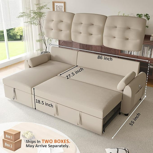 Ucloveria Sleeper Sofa Bed, 86" Convertible Sectional Sofa Couches for Living Room, Pull Out Couch Bed with Reversible Storage Chaise | USB Ports | Side Pockets | Removable Backrest