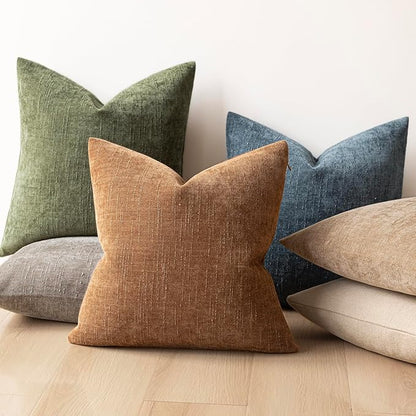 Foindtower Pack of 2 Soft Textured Chenille Throw Decorative Pillow Covers Square Accent Solid Cushion Cover Cozy Neutral Farmhouse Pillow Case for Couch Sofa Bedroom Living Room 16x16 Inch,Dark Green
