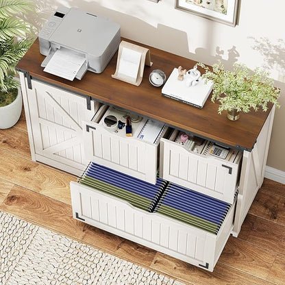 47.8” Farmhouse Lateral File Cabinet with Sliding Barn Door, 3 Drawers Filing Storage Cabinets with Adjustable Shelf, Office Printer Stand for Hanging Files Letter/Legal/F4/A4.