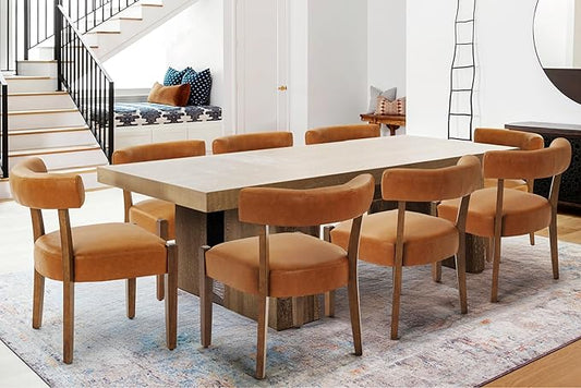 Modern Dining Chairs Set of 8, Faux Leather Upholstered Kitchen & Dining Room Chairs, Mid Century Modern Wooden Dining Chairs Oversized Sturdy Rounded Chairs Curved Back, Brown