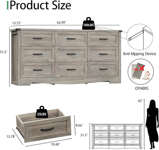 Dresser for Bedroom with 9 Drawers, 63" Wide Wood Chest of Drawers with Deep Drawers & Mental Handle, Modern Dresser TV Stand, Wooden Closet Storage Organizer for Living Room, Hallway, Entryway, Grey