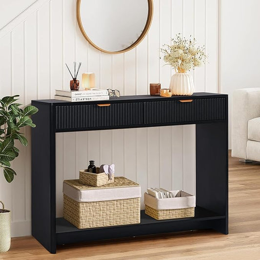 Entryway Table with Storage, Narrow Console Table with Drawers, 43.3' Couch Table Behind Sofa Long and Skinny for Living Room TV, Hallway Entrance Foyer, Mid Century Modern Black Fluted Console Table