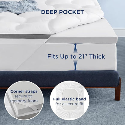 Bedsure 4 Inch Memory Foam Mattress Topper Twin Size, Dual Layer 2.5 Inch Gel Memory Foam & 800 GSM Waterproof Pillow Top Cooling Mattress Pad with 8-21 Inch Deep Pocket (Twin, 39x75 Inches)