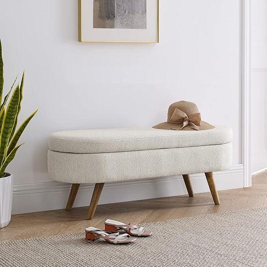 Storage Ottoman Bench 43" Ottoman Bench for Bedroom, Upholstered Boucle Fabric Footrest End of Bed with Safety Hinge Solid Wood Legs Foot Stool Storages Benches for Living Room Entryway, Beige