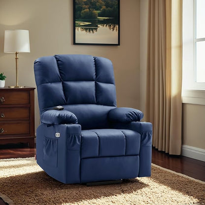 MCombo Large Dual Motor Power Lift Recliner Chair for Elderly, Massage and Heat, Lay Flat, Zero Gravity, Home Button, USB Port, Faux Leather 7680 (Navy Blue, Large)