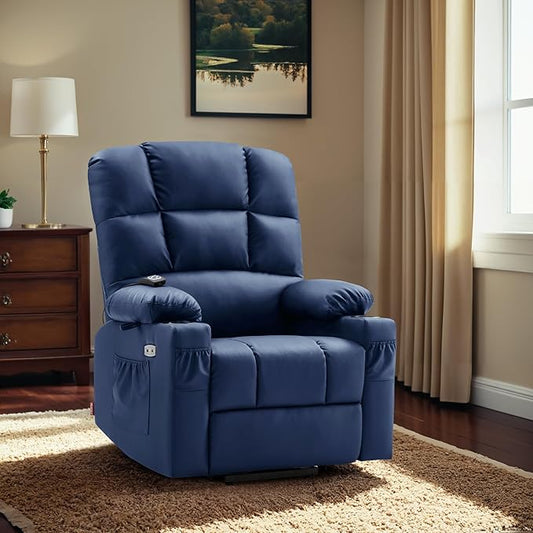 MCombo Large Dual Motor Power Lift Recliner Chair for Elderly, Massage and Heat, Lay Flat, Zero Gravity, Home Button, USB Port, Faux Leather 7680 (Navy Blue, Large)