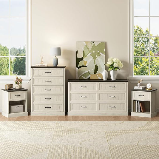 CARPETNAL Farmhouse Dresser and Nightstand Sets for Bedroom, 4 Pcs Bedroom Set, 5 Drawer & 6 Drawer Dresser and Nightstand Set of 2, Wood Chest of Drawers for Living Room, Entryway, White