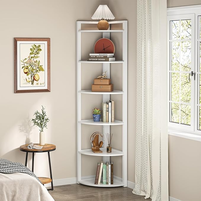 TRIBESIGNS WAY TO ORIGIN Corner Shelf, 70.9 Inch Tall Corner Bookshelf, 6 Tier Ladder Shelf with Metal Frames Multifunctional Modern Bookcase for Living Room, Home Office, Kitchen, Small Space (White)
