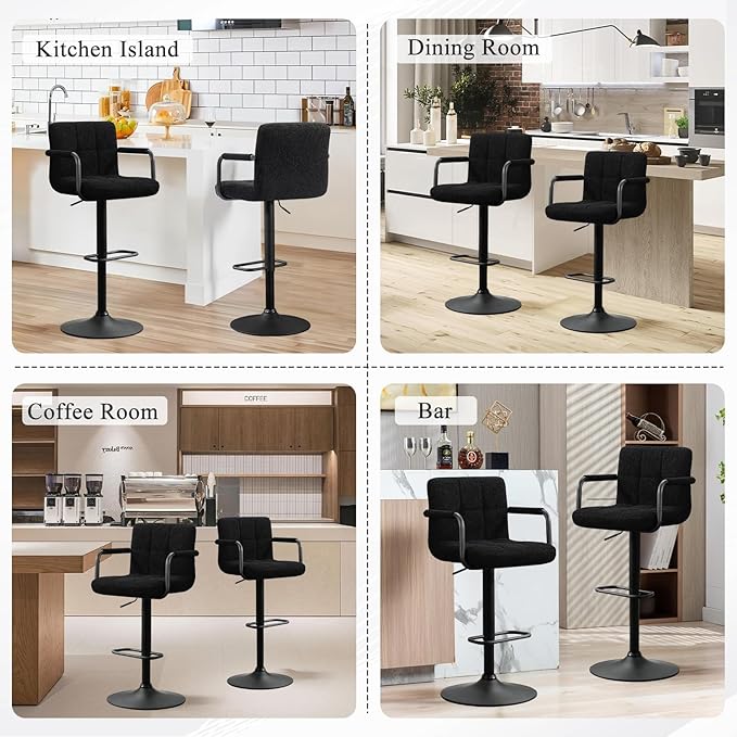 Furniliving Adjustable Bar Stools with Armrest, Square Back Sherpa Fabric Hydraulic Kitchen Counter Bar Stool, Luxurious Swivel Double Stitching Bar Chairs,Set of 2