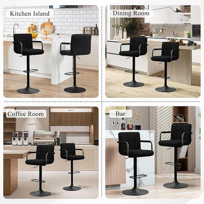 Furniliving Adjustable Bar Stools with Armrest, Square Back Sherpa Fabric Hydraulic Kitchen Counter Bar Stool, Luxurious Swivel Double Stitching Bar Chairs,Set of 2