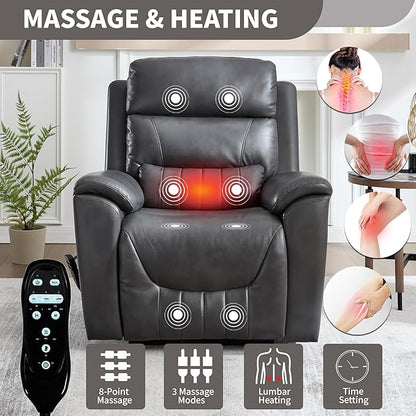 PELUMY Power Lift Recliner Chair for Elderly with Massage and Heat, Dual Motor Heavy Duty 350lbs Recliner, 8-Point Vibration & Lumbar Heating, Electric Lift Chair (Breathable Leather, Dark Grey)