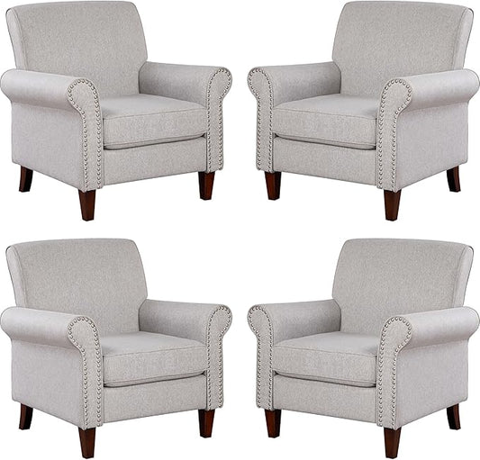 Prilinex Upholstered Living Room Chair Set of 4 - Large Comfy Fabric Accent Chair Single Sofa with Cushion, Rolled Armrest & Nailhead Trim, Mid Century Modern Armchair for Bedroom, Office, Grey