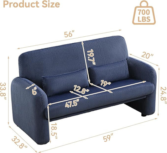 56'' Corduroy Loveseat Sofa, 2 Seater Love Seat Couch for Small Space, Comfy Upholstered Modern Leisure Loveseat Couches with Lumbar Pillows for Bedroom, Office, Living Room, Blue