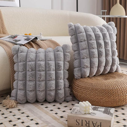 Neelvin Grey Faux Fur Cozy Soft Plaid Decorative Throw Pillow Covers 12x20 inch Set of 2,Velvet Pillowcase Cushion Case for Sofa Couch