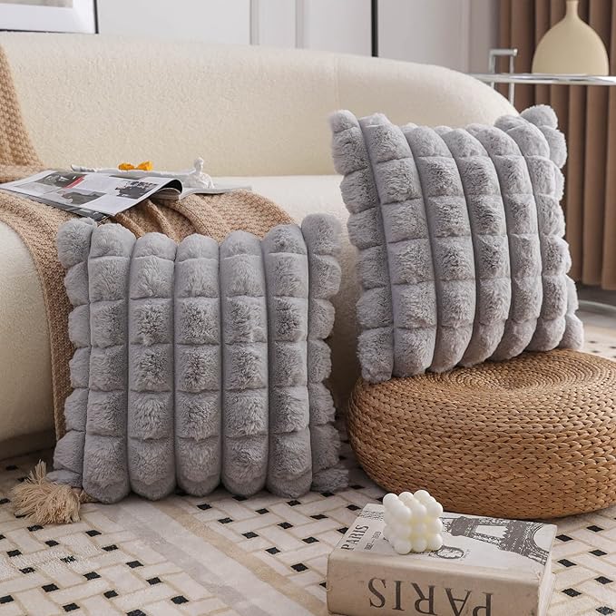 Neelvin Grey Faux Fur Cozy Soft Plaid Decorative Throw Pillow Covers 20x20 inch Set of 2,Velvet Pillowcase Cushion Case for Sofa Couch