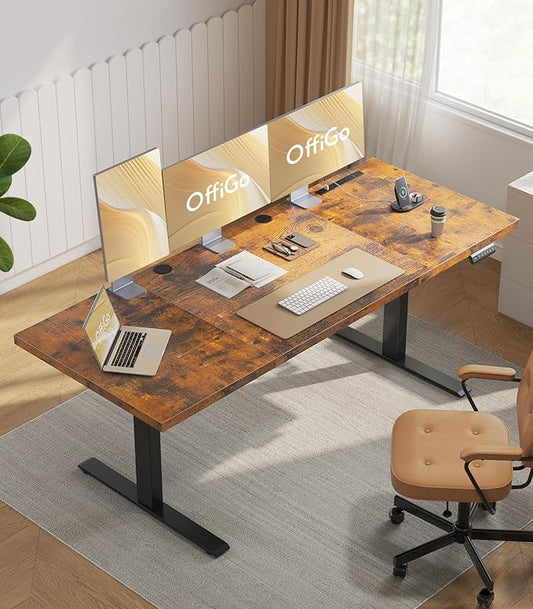OffiGo Electric Standing Desk with 3-Piece Board, 79 Inch Height Adjustable Large Desk with Power Outlets, Sit Stand Table, Writing Computer Desk for Home, Office, Workstation, Rustic Brown