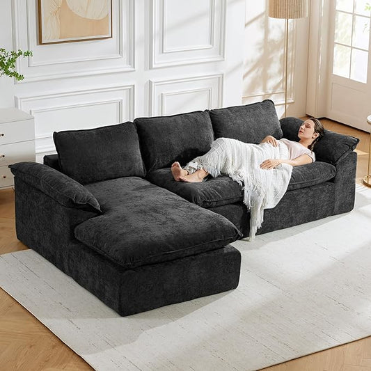 Modular Sectional Sofa, 107.5" L-Shaped Boneless Couch with Deep Seat, Modern Minimalist Upholstered Cloud Sectional Couch for Living Room Bedroom, No Assembly Required, Black Chenille