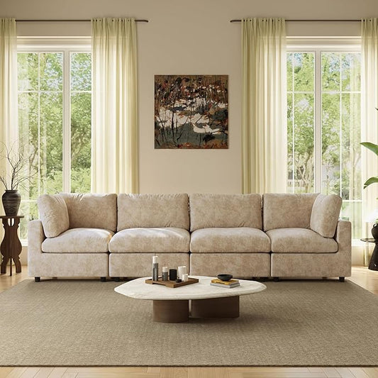 WJShome Modern Sectional Sofa 134 Inch 4-Seater Cloud Couch with Chenille Deep Seat Couches for Living Room, Bedroom and Apartment，Khaki