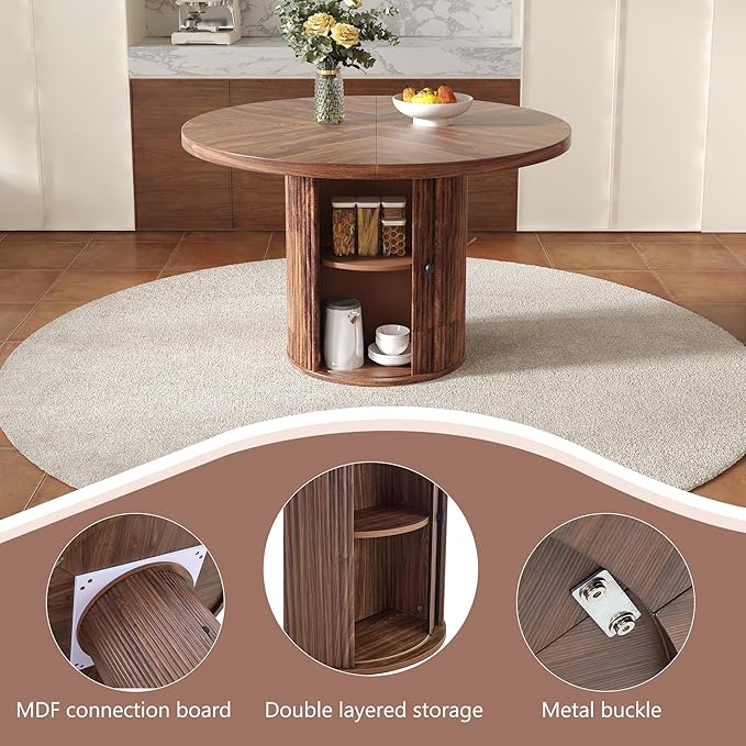 Round Dining Table Set for 6 with Two Storage, 47" Round Dining Table with 6 PU Leather Chairs, 7 Piece Kitchen Table Chairs Set of 6 with 1.7” Thick Wood Top, Roman Column Pedestal, Space-Saving