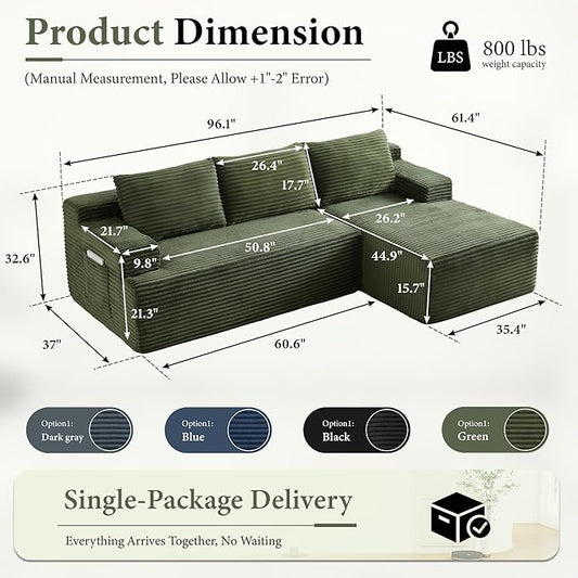 96''Sectional Couches for Living Room,Modern Modular Sectional Sofa,Upholstered Boneless Couch with Pockets,Comfy Cloud Couch with L Shaped Chaise(Green, 96''W Right Facing Chaise)