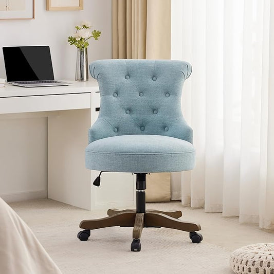 Home Office Chair Adjustable Height Swivel Chair with Wheels Linen Fabric Upholstered Computer Desk Chair with Wooden Legs Comfortable Armless Chair for Home Office Study Studio(Teal)