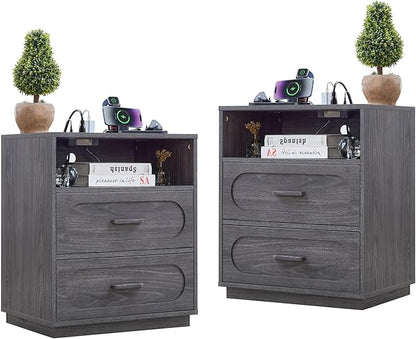 Night Stand Set of 2 with Charging Station, 25.8" Tall Wide Wood End Table with 2 Storage Drawers and Open Shelf, Mid Century Modern Bedside Table for Bedroom, Living Room, Gray