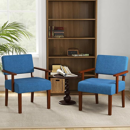 KOMFOTT Upholstered Accent Chairs Set of 2, Mid-Century Modern Armchair with Rubber Wood Frame, Linen Living Room Chairs with Padded Seat & Backrest, Reading Chair for Bedroom, Waiting Room, Blue