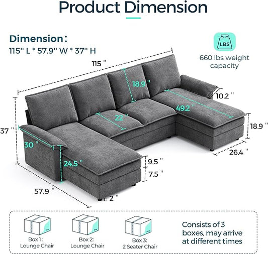 LINSY HOME U Shaped Cloud Couch Sectional Sofa, 115" Modular Couches with Double Chaise Lounge, Chenille 4 Seater Sofa Set for Living Room, Apartment, Office, Grey