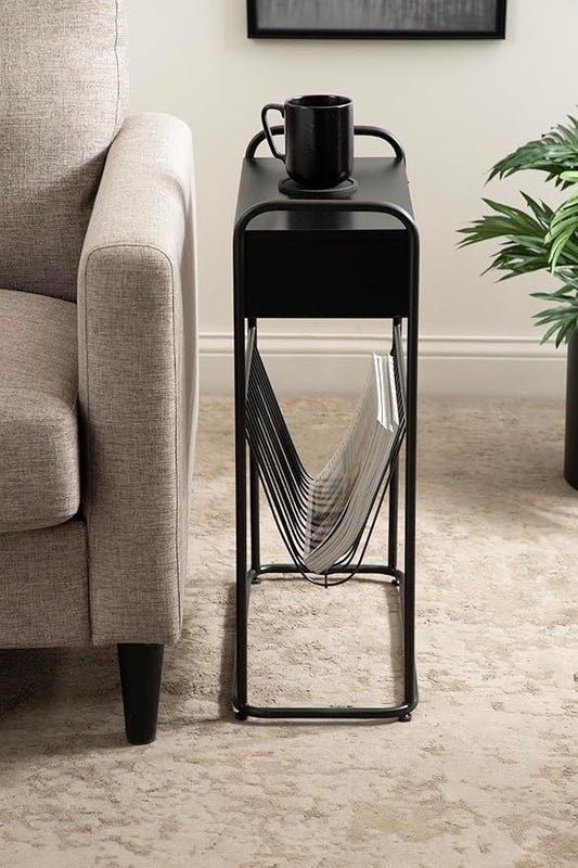 Kate and Laurel Kura Elegant Narrow Side Table, 19 x 9 x 26, Black, Modern Glam Slim Lift-Top Living Room End Table with Bottom Wire Rack for Entryway or Family Room Storage