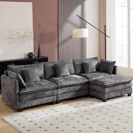 Plush Modular Cloud Sofa Set with Ottoman | L/U-Shaped Deep Seating Chenille Sectional for Family Living Room