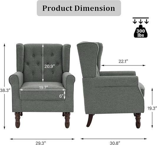 High Back Accent Chair, High Wingback Chair for Living Room, Button-Tufted Upholstered Fabric Armchair with Solid Wood Legs, Comfy Single Sofa Reading Chair for Bedroom, Gray