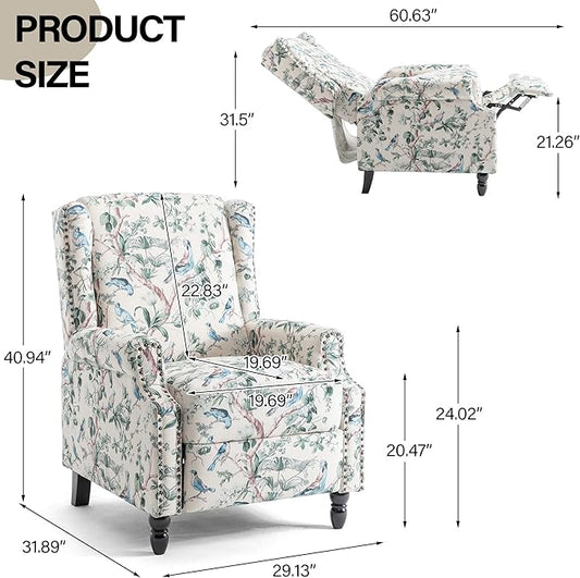 Recliner Chair, Upholstered Wingback Floral Pushback Armchair with Adjustable Backrest & Footrest, Comfy Accent Chair Reading Single Sofa for Small Spaces, Living Room, Bedroom