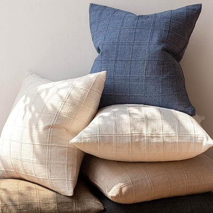 Foindtower Set of 2 Decorative Linen Check Throw Pillow Covers Neutral Farmhouse Lumbar Cushion Covers Modern Coastal Boho Home Decor for Sofa Chair Couch Bedroom Living Room,12×24 Inch,Blue