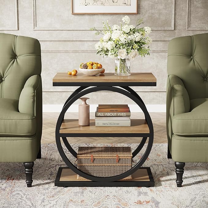 Tribesigns Side End Table with 3 Storage Shelves Set of 2, Industrial Sofa Table with Round Metal Frame for Living Room, Engineered Wood Nightstand for Bedroom, Oak