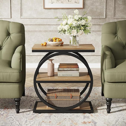 Tribesigns Side End Table with 3 Storage Shelves, Industrial Sofa Table with Round Metal Frame for Living Room, Engineered Wood Nightstand for Bedroom, Oak