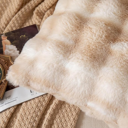 Pack of 2 Thick Plush Throw Pillow Covers Fluffy Wave Faux Fur Decorative Cushion Covers Soft Wool Pillowcase for Sofa Couch Livingroom 20x20 Inch White Beige