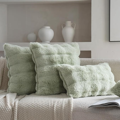 Neelvin Green Faux Fur Cozy Soft Double-Sided Decorative Throw Pillow Covers 16x16 inch Set of 2,Velvet Pillowcase Cushion Case for Sofa Couch