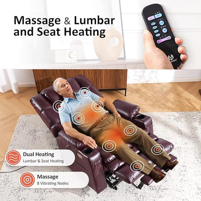 MCombo Large Triple Motor Power Lift Recliner Chair with Massage and Dual Heating, Adjustable Headrest for Tall Elderly People, Faux Leather 7634 (Wine, Large)
