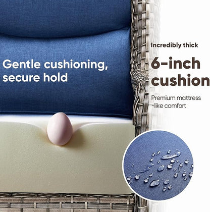 Swivel Patio Chairs Set of 3 with 6" Thick Cushion - Wicker Outdoor Swivel Rocker Patio Chairs with Side Table, High Back Comfortable Outdoor Glider- Grey Wicker | Blue Cushions