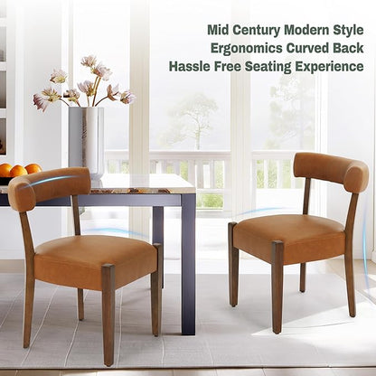 Modern Dining Chairs Set of 6, Faux Leather Upholstered Kitchen & Dining Room Chairs, Mid Century Modern Wooden Dining Chairs Oversized Sturdy Rounded Chairs Curved Back, Brown