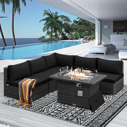 NICESOUL 6 Piece Modern L-Shaped Outdoor Sectional with Firepit Natural Gas/Propane, 29.3'' High Back Wicker Patio Furniture Set, Oversized Conversation for Exterior, 2 Color Cushion Black & Gray